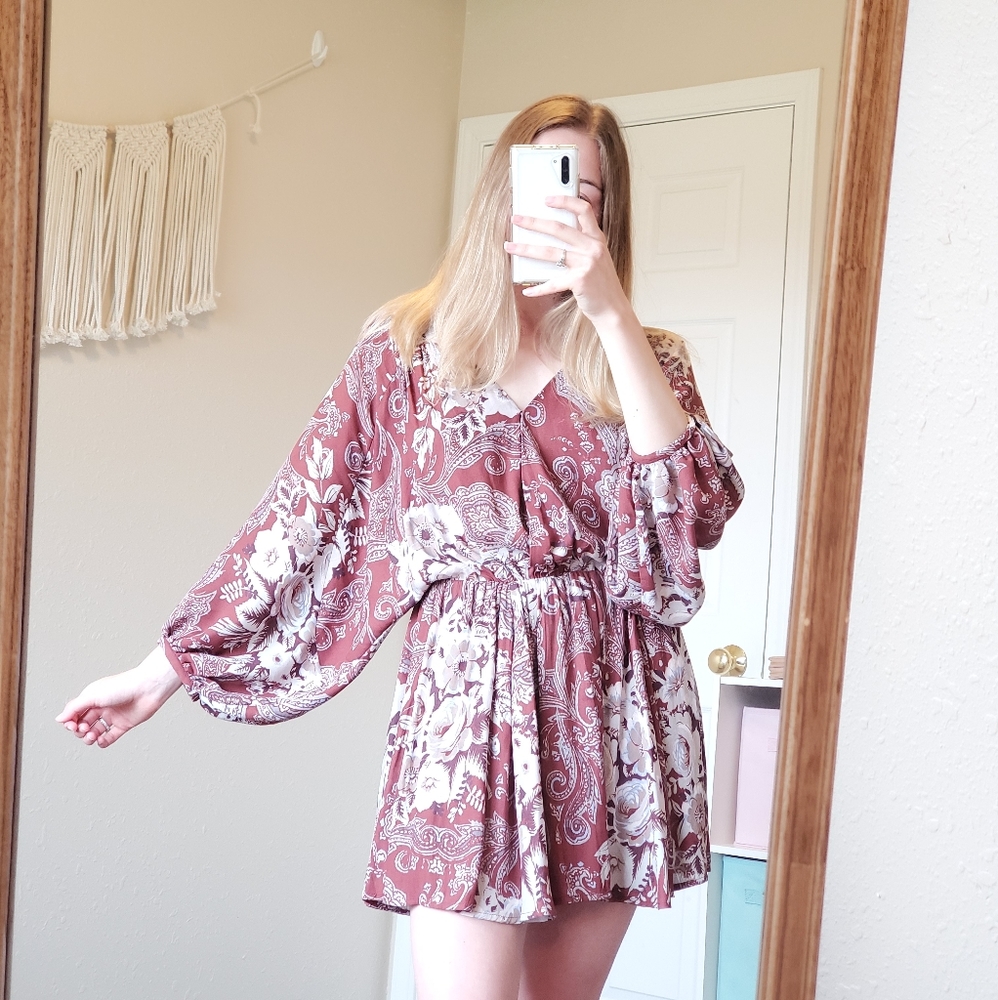 FREE PEOPLE Red Floral Patterned V Neck Mini Dress - Picture 2 of 8